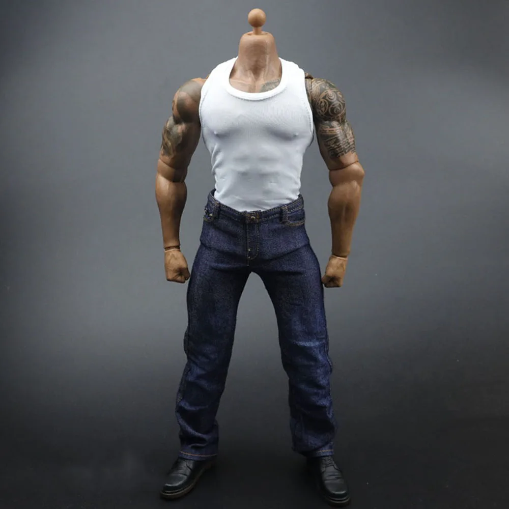 

In Stock 1/6 Scale Male White Slim Vest Sportwear Tank Dark Blue Lengthened Jeans for 12" Action Figure Muscle Men Body Dolls