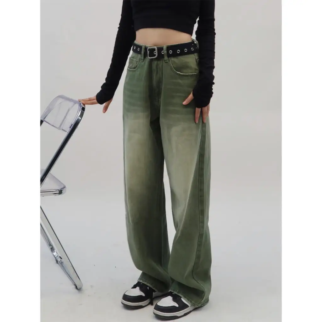 

American Retro Baggy Jeans Women Bottom Green Loose Straight Boyfriend Jeans For Women Unisex Denim Pants Y2k Feminino