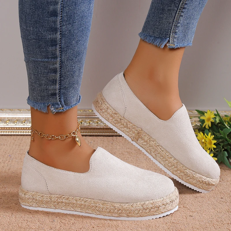 

Autumn Women's Canvas Shoes Breathable Ladies Casual Shoes Slip On Espadrilles Solid Color Thick Soled Non-slip Flat Shoes