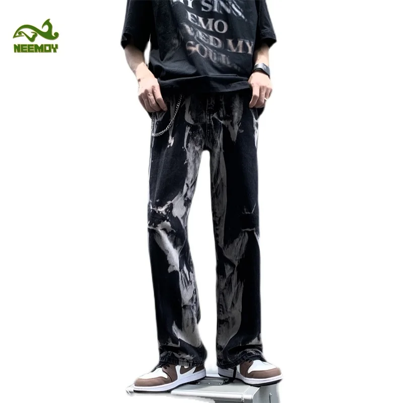 Neemoy New Black Tie-dye Jeans Men's Pants Casual Baggy Jeans High Street Hip Hop Loose Wide-leg Jeans Mens Denim Pants