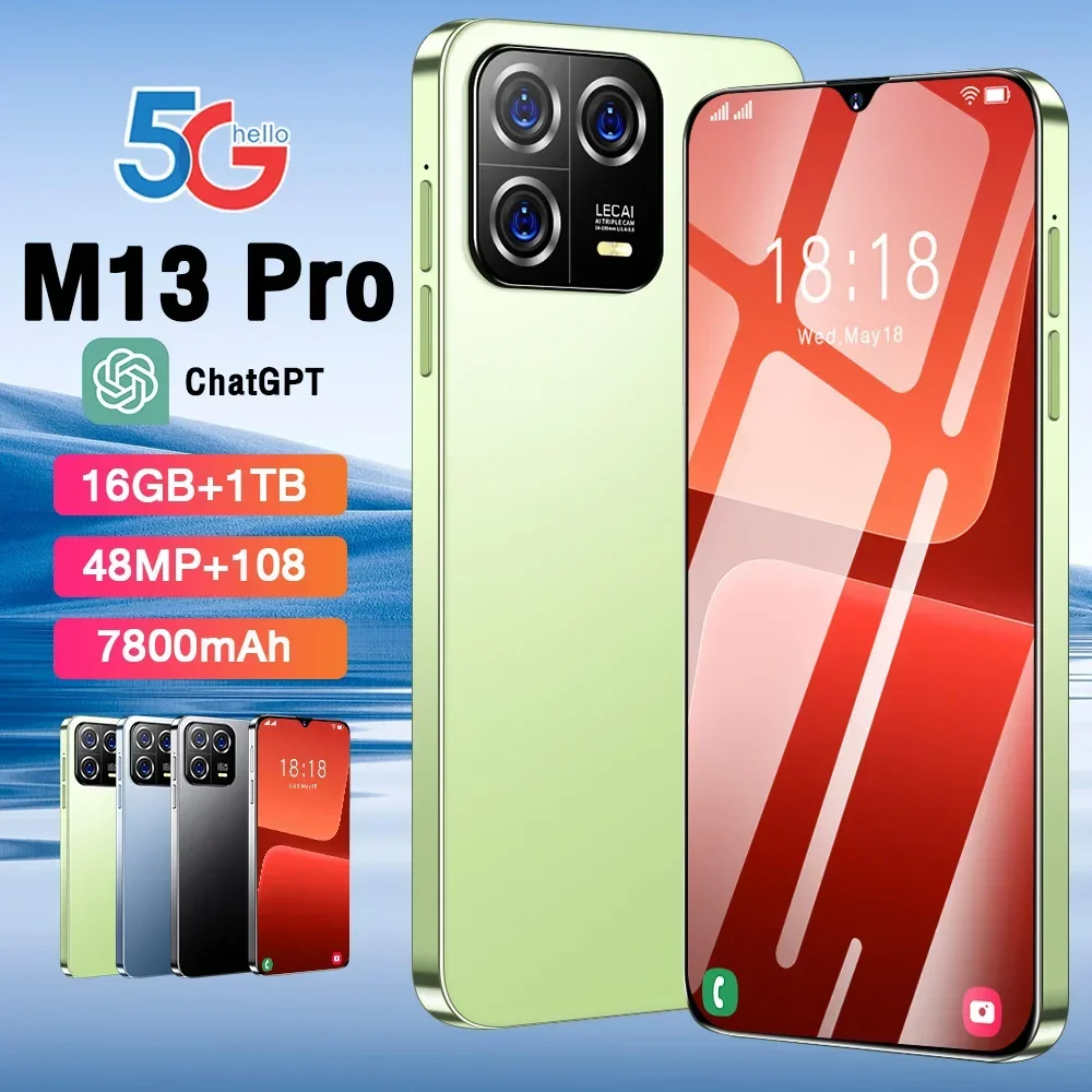 

New Original Unlocked M13Pro Mobile Phone 7.3HD 16+1T SmartPhone 3G/4G/5G Dual Sim 48MP+108MP 7800Mah Android 13 With NFC Brand