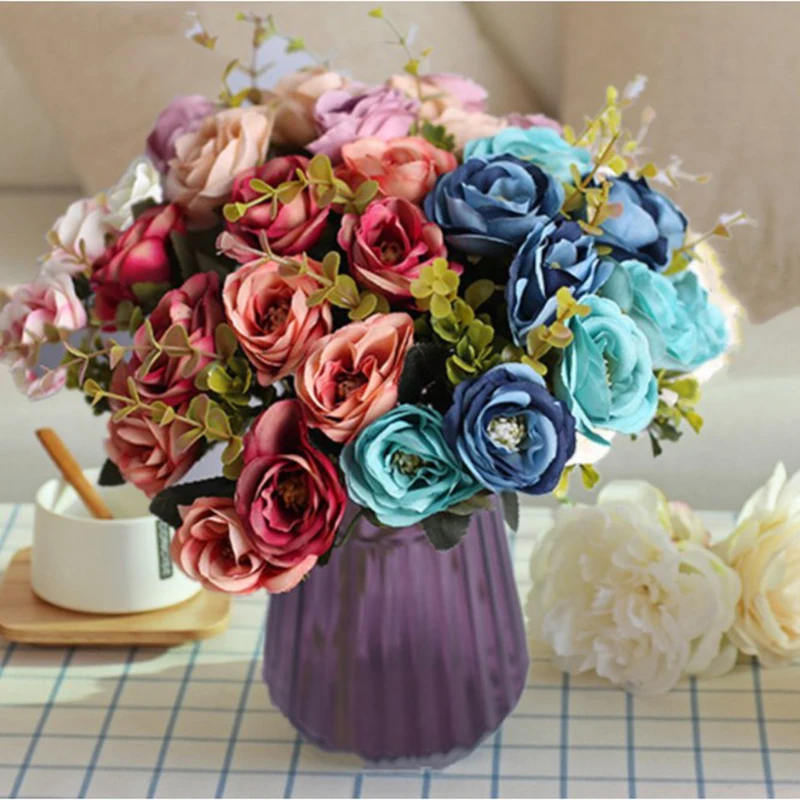 

1 Bouquet Artificial Peony Tea Rose Flowers Camellia Silk Fake Flower flores for DIY Home Garden Wedding Decoration TLSM