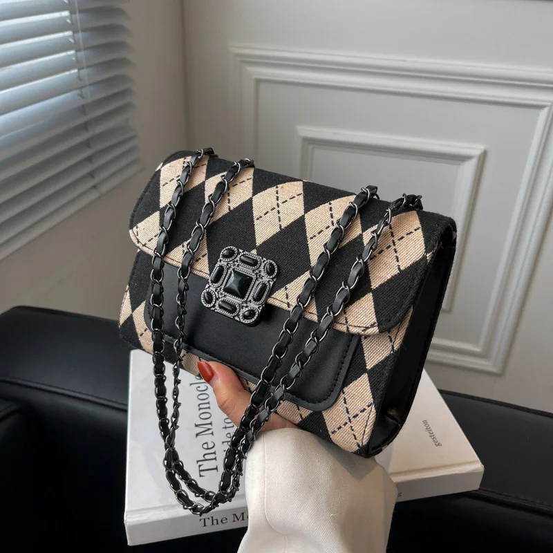 

Women Handbag 2022 New Korean Version Single Shoulder Diagonal Span Bag Women's Rhombic Lattice Chain Bag Buckle Armpit Bags