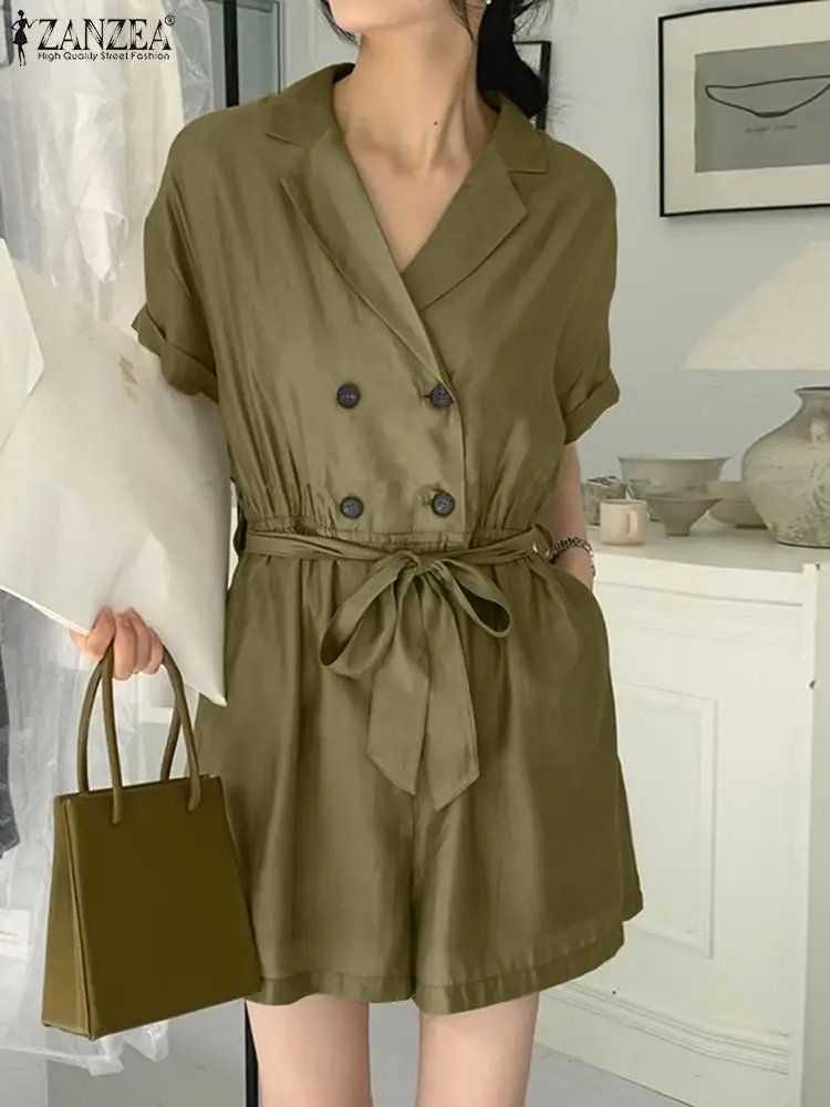 

ZANZEA Women Rompers Solid Lapel Half Sleeve Double Breasted Streetwear Fashion Elegant Casual Jumpsuits 2022 Ladies Overalls