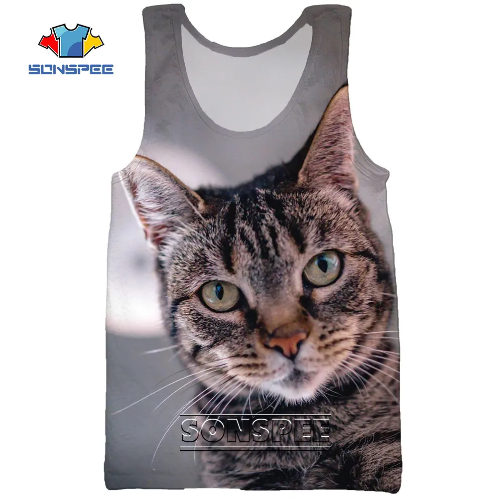 

2022 Cat Look At You Animal 3D Print Summer Sea Men's Tank Tops Funny Casual Bodybuilding Gym Muscle Sleeveless Beach Vest