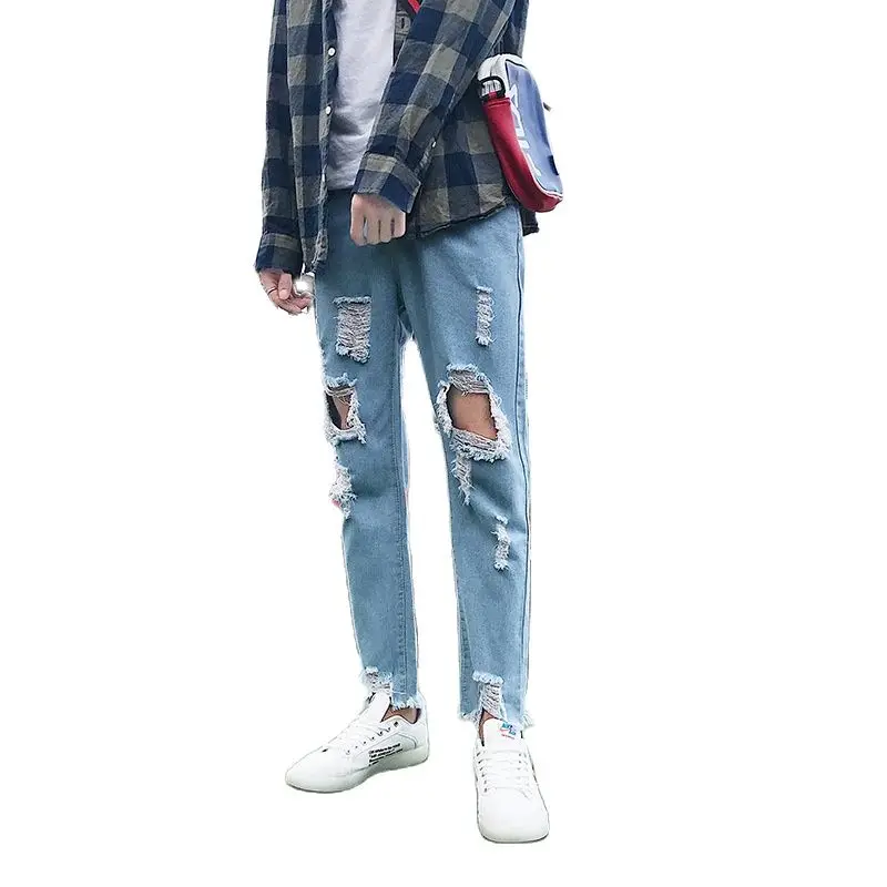 

Summer 2022 Fashion Thin Section Jeans Men's Cropped Pants Loose Straight Korean Students Light Blue Straight Beggar Harem Pants