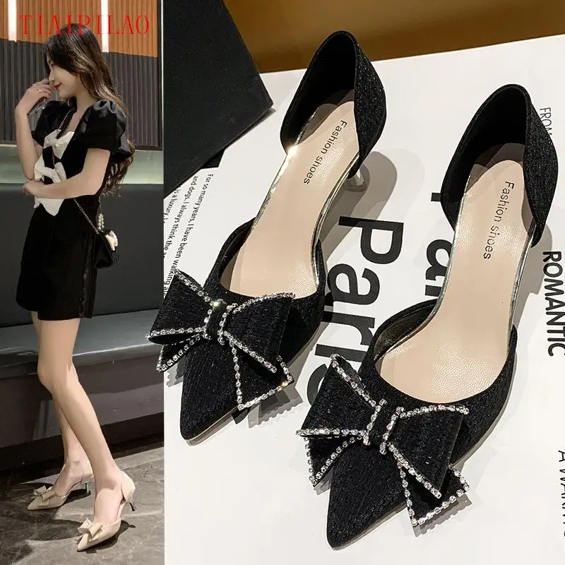

Designer Fashion Sexy Women's High Heel Summer Shiny Rhinestone Bow Stiletto Shoes Female Pointed Toe Black Dress Shoes Ladies