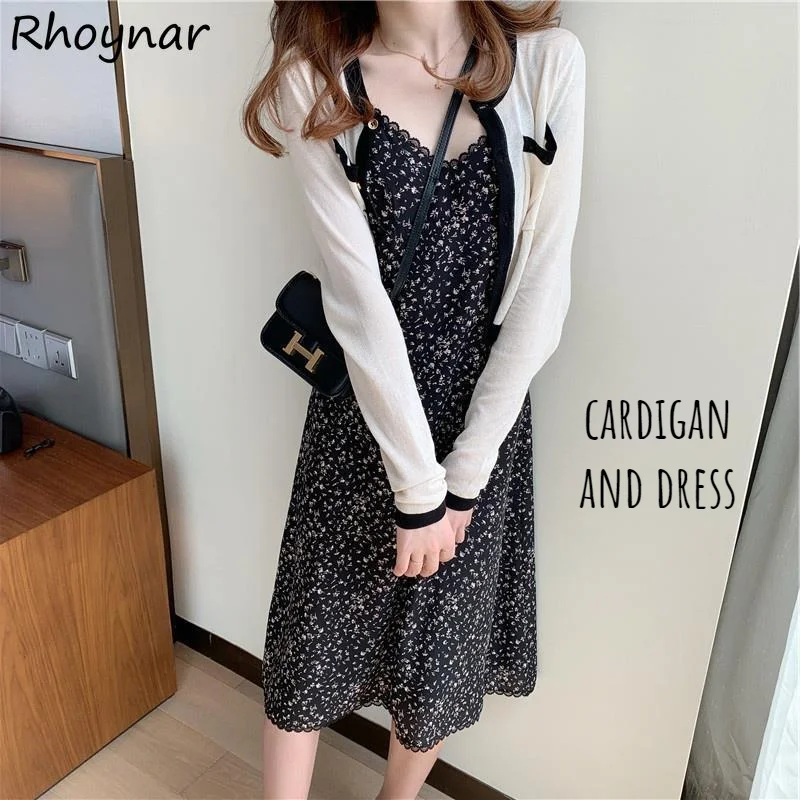 

Women Sets 2 Pcs New Arrive Full Sleeve O-neck Cardigan A-line Printed Mid-calf Dress Fashion Ulzzang Popular Tender Female Ins