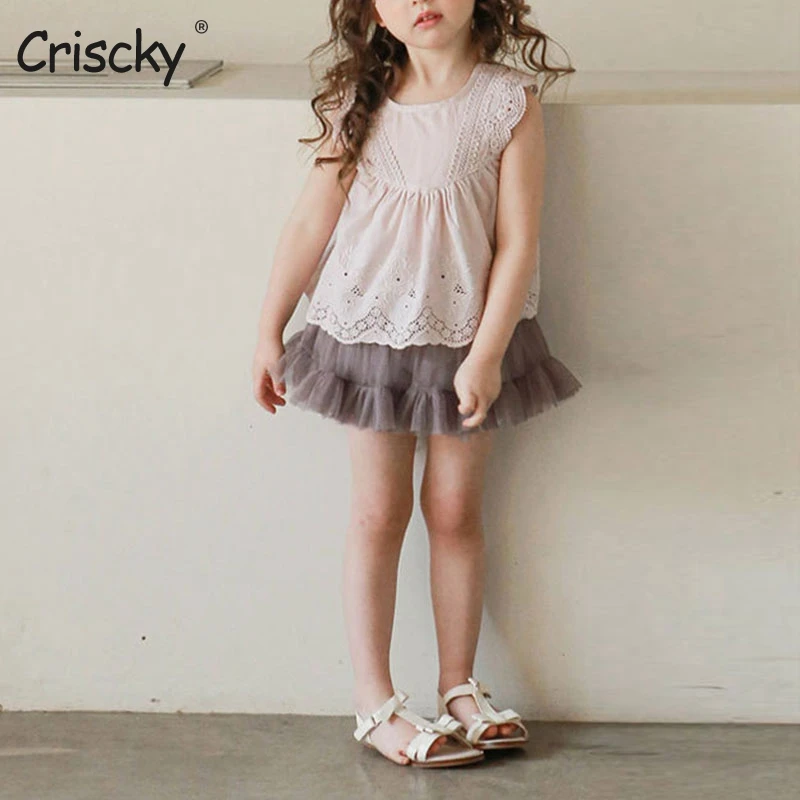 

Criscky Blouse For Girls Summer Ruffles Sleeveless O Neck Hollow Out Cotton Soft Lace T-shirt For Girls Clothing For Girls 2022
