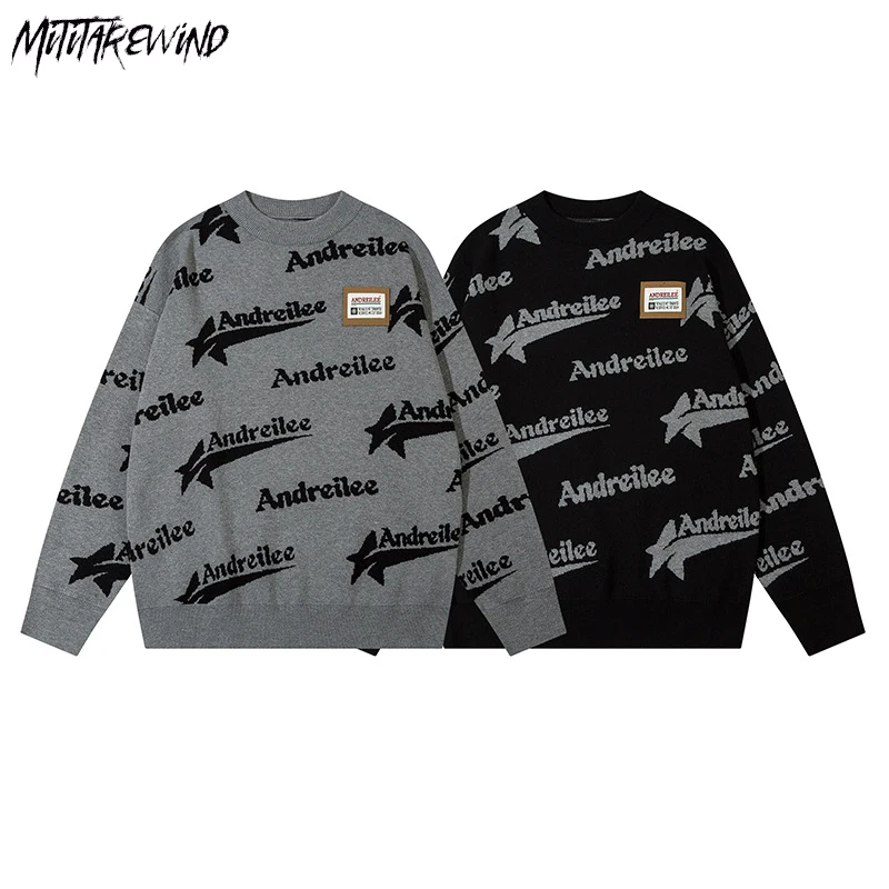 

Свободные модные свитера в стиле High Street, вязаный Повседневный пуловер оверсайз с графическим принтом для пар, трикотажный топ в стиле хип-хоп с круглым вырезом на осень и зиму