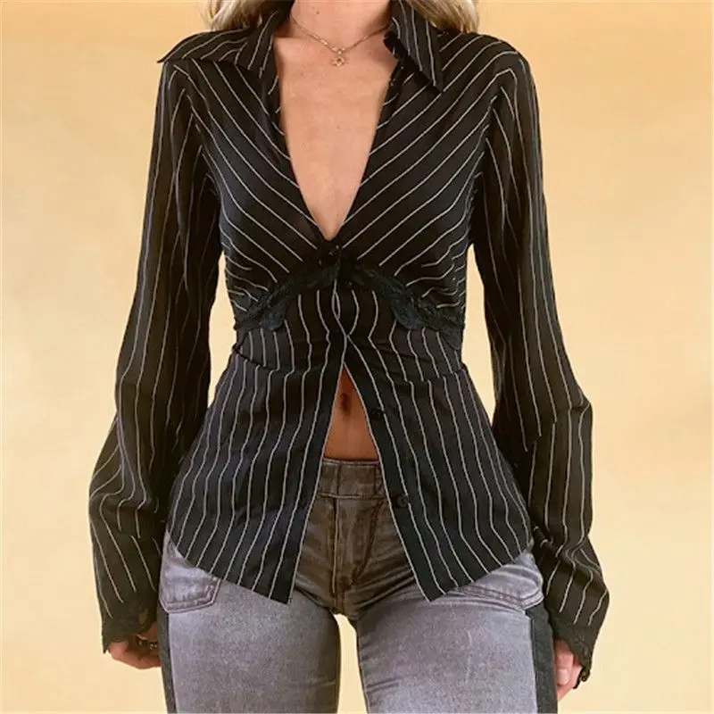 

Elegant Tops Women Stripe Lace V Neck Flared Sleeve Vintage Cardigan Shirts