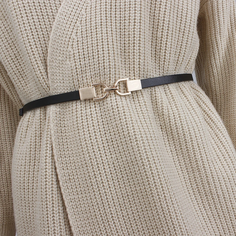 Luxury Brand Narrow Leather Belt Woman Fashion D shaped Design Alloy Buckle Thin Belts for Sweater Coat Ladies Dresses Waistband