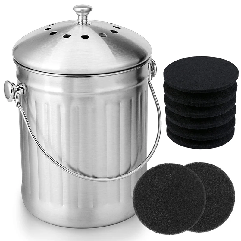

6 Pcs Compost Bin Filters Activated Carbon Filters & 1Pcs Compost Bin, With Handle And 2 Charcoal Filters, 5 Liters