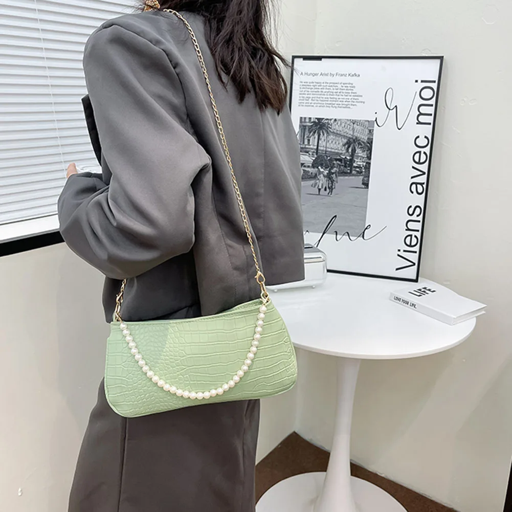 

Fashion Women Alligator Pattern Shoulder Bags Vintage Pearl Chain Underarm Bag Crossbody Clutch Bags Brand Designer Handbags