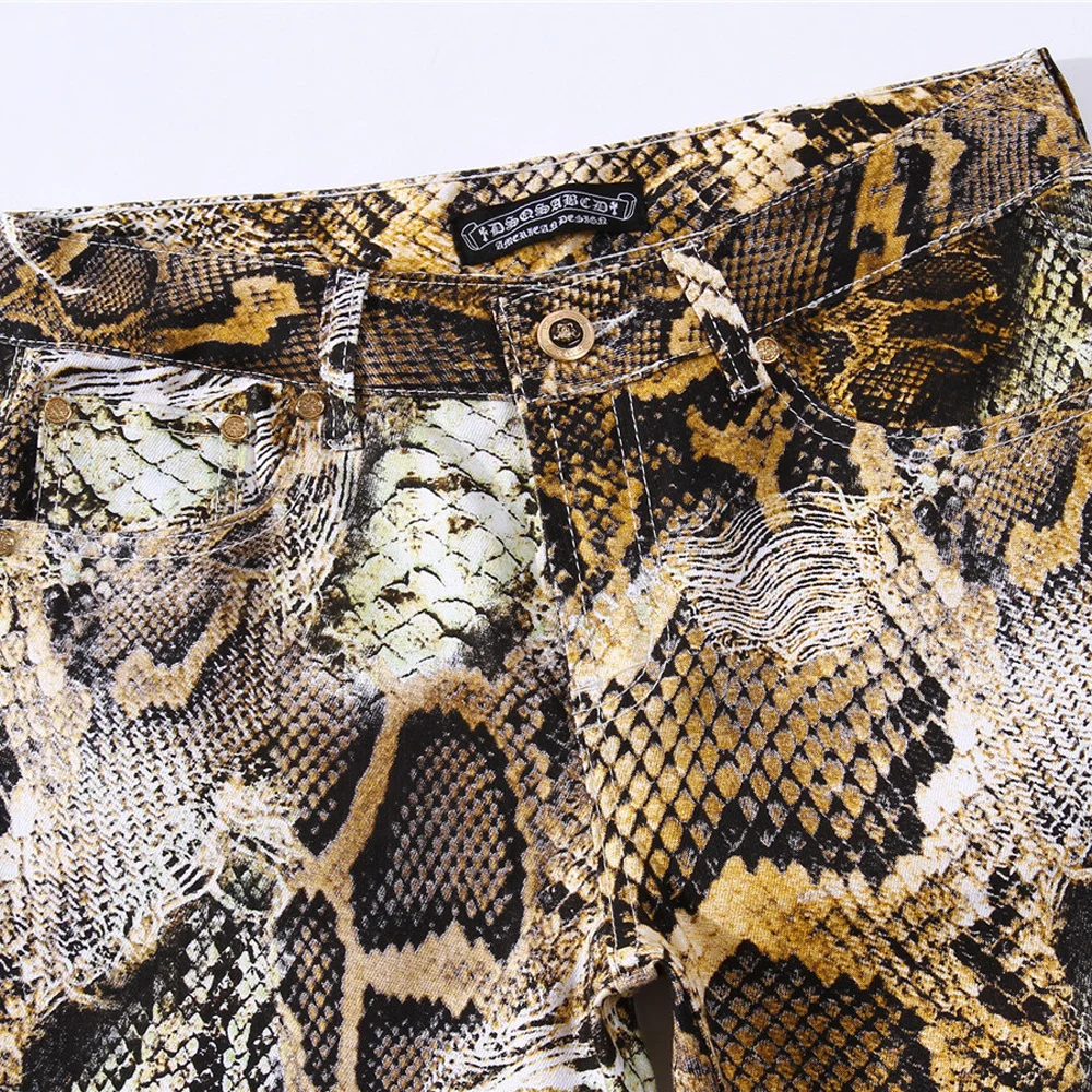 High Quality 2022 Fashion Male Nightclub Men Snake Skin Hip Hop Straight Jeans Pants Men's Clothing Panelled Long Trousers