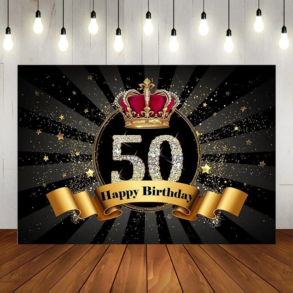 

Happy 50th Birthday Party Men Women Gift Backdrop Banner Black Gold Balloons Years Anniversary Suppiles Background Poster(1)