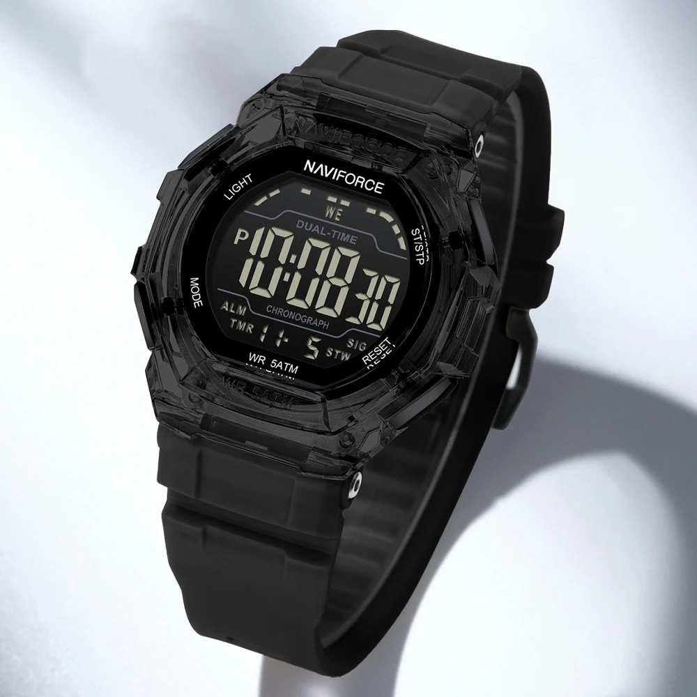Фото Многофункциональные мужские цифровые часы NAVIFORCE с LED-дисплеем, отображением даты и дня недели, будильником, водонепроницаемые, для активного отдыха, с силиконовым ремешком, электронные часы. №2