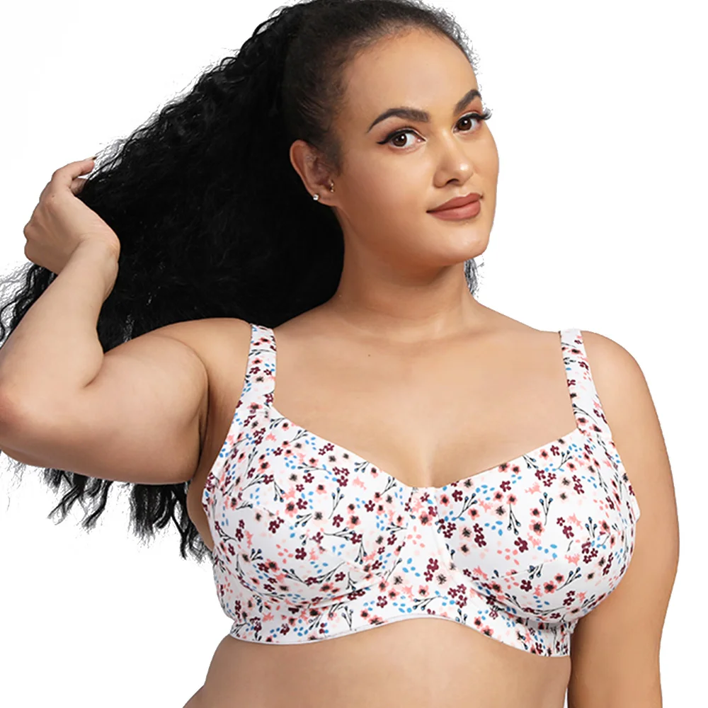 Plus Size Bra Comfort Breathable Bras Women's Underwired Adjustable Flower PrintingTop Full Cup Bra For Women B C D DD E F G