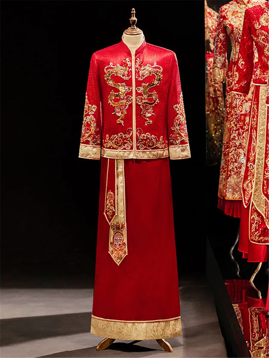 Vintage Elegant Oriental Embroidery Tang Suits Clothing Groom Wedding Qipao Dress Hanfu Chinese Style Wedding Toast Costumes