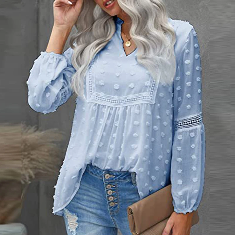 Женская шифоновая блузка в горошек с V-образным вырезом и пышными рукавами