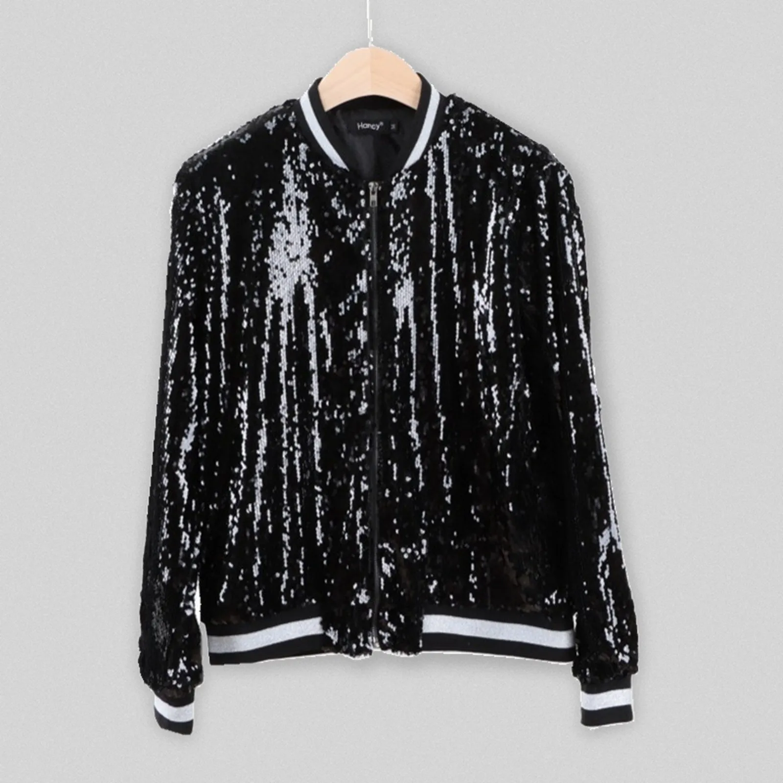 

Casual Women Outfit Women's Street Style Zip Up Sequin Jacket With Color Block & Ribbed Baseball Collar