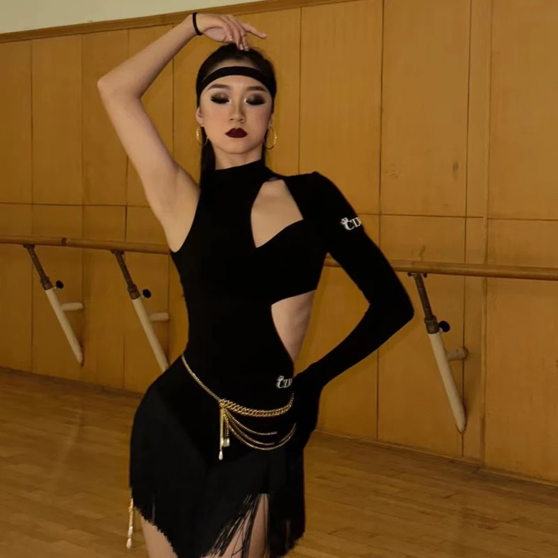 

Женские перчатки с длинным рукавом и открытой спиной для латиноамериканских танцев, топы, асимметричная юбка с кисточками, костюм с цепочкой на талии, платье для латиноамериканских танцев DQS11670