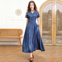retro heavy industry embroidered denim long skirt summer new v neck temperament thin cardigan dress