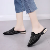 women slippers fashion crystal sequined cloth women sandals pointed toe square heel bling loafers mules summer ladies slides