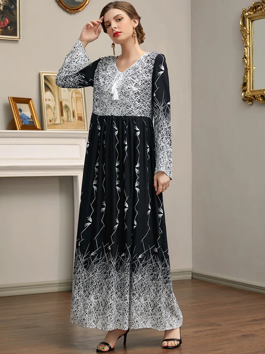 

Autumn Morocco Muslim Dress Women Print Abaya Kaftans Casual A-line Dresses Woman Dubai Turkey Islam Long Robe Femme Vestidos