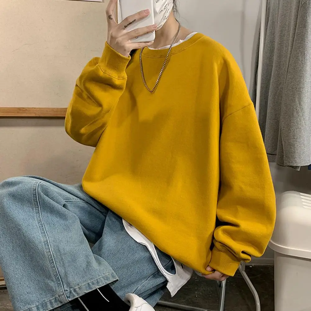 

Men Sweatshirt Solid Color Round Neck Loose Winter Top Soft Long Sleeve Thick Elastic Cuff Couple Sweatshirt