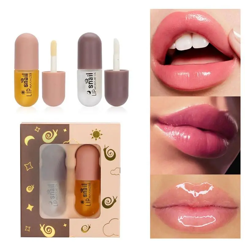 

Lip Gloss Plumper Set 2pcs Natural Lips Beauty Care Fuller Enhancer Glosses Hydrate Moisturize Lips Serum Day And Night Use