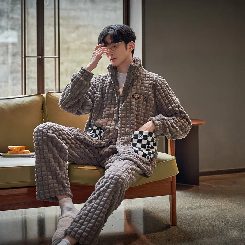 QUHENG New Flannel Men's Autumn Winter Long Sleeve Pajama Sets Thick Warm Men Sleepwear Coral Fleece Sleep Lounge Pajamas