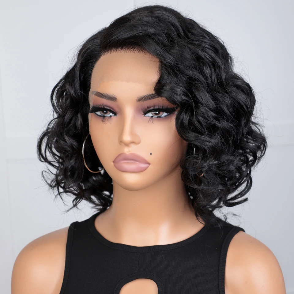 Фото Lekker Clearance Black Short Pixie Cut Wavy Bob 13x1 C Part Парики из натуральных волос на кружеве для женщин Бразильские волосы Remy Бесклеевые №4