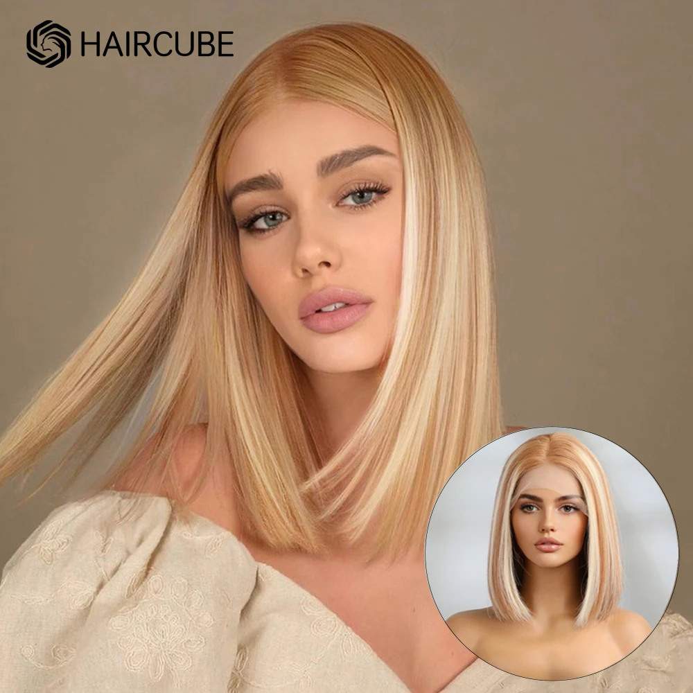 HAIRCUBE 12inch Honey Brown Blonde Highlight Human Hair Wig 13×5×1 Bob Lace Front Wig Shoulder Long Middle Part Wigs for Women