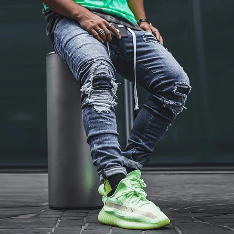 Men Jeans High Street Trend Personality Ripped Jeans Men's Slim Pencil Pants Full Length Denim Jeans Trousers