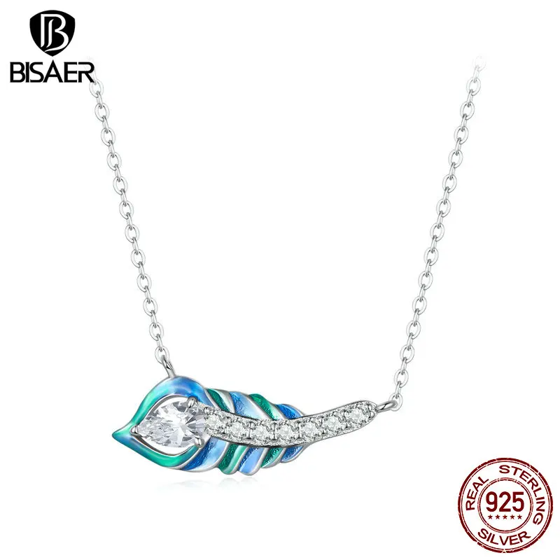 

BISAER 925 Sterling Silver Feather Necklace Pink Blue Gradient Enamel Process Plated Platinum Fine Jewelry for Women Party Gift