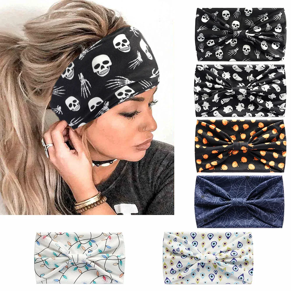 

Christmas Printed Wide Headband Stretch Hairband Headpiece Turban Headwrap Halloween Knotted Elastic Hair Band Yoga Bandage