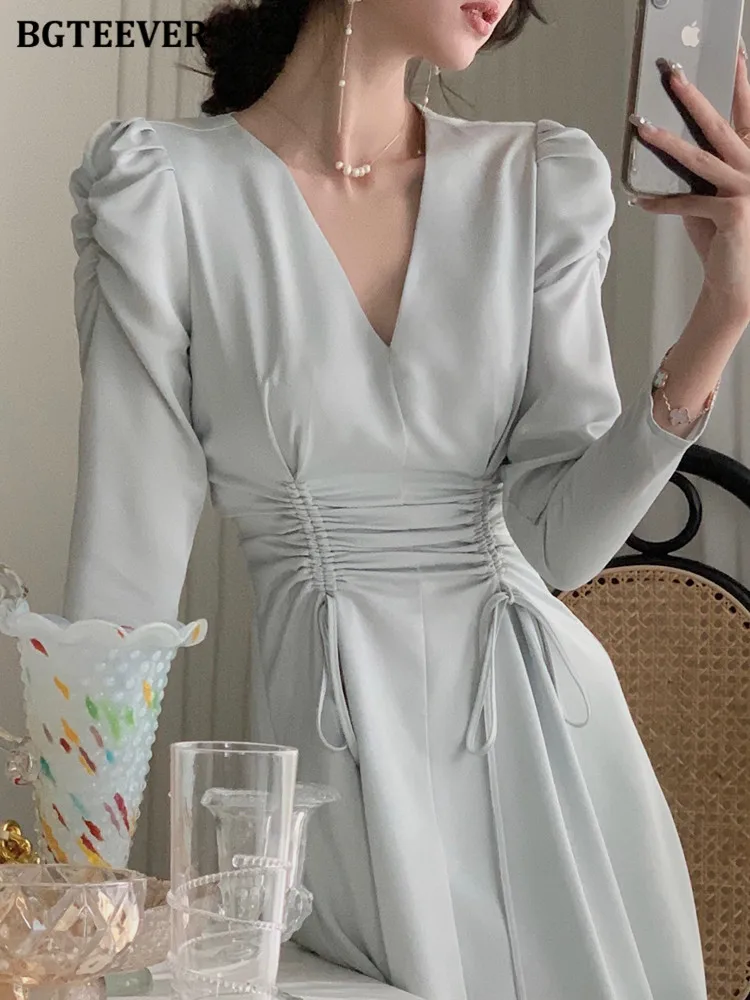 

Платье BGTEEVER женское ТРАПЕЦИЕВИДНОЕ с V-образным вырезом и пышными рукавами, элегантное приталенное, с длинным рукавом, с завязкой на талии, в...