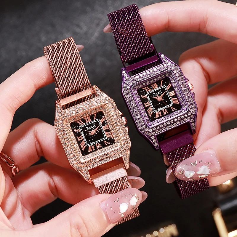 

Luxury Square Crystal Rhinestone Bracelet Stainless Steel Magnetic Quartz Watch Analog Wrist Watch Clock Reloj Free Shipping