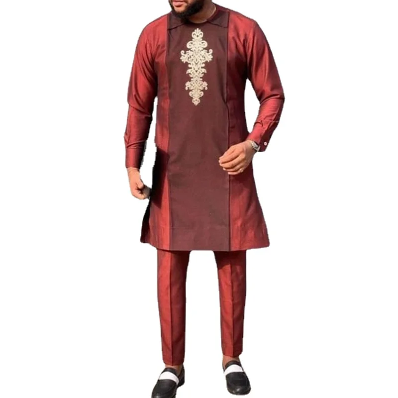 Islamic Men's Long Shirts Muslim Ethnic Straight Red Male Tops Spring Autumn Man Long Sleeve T-shirt African Clothing Ramadan