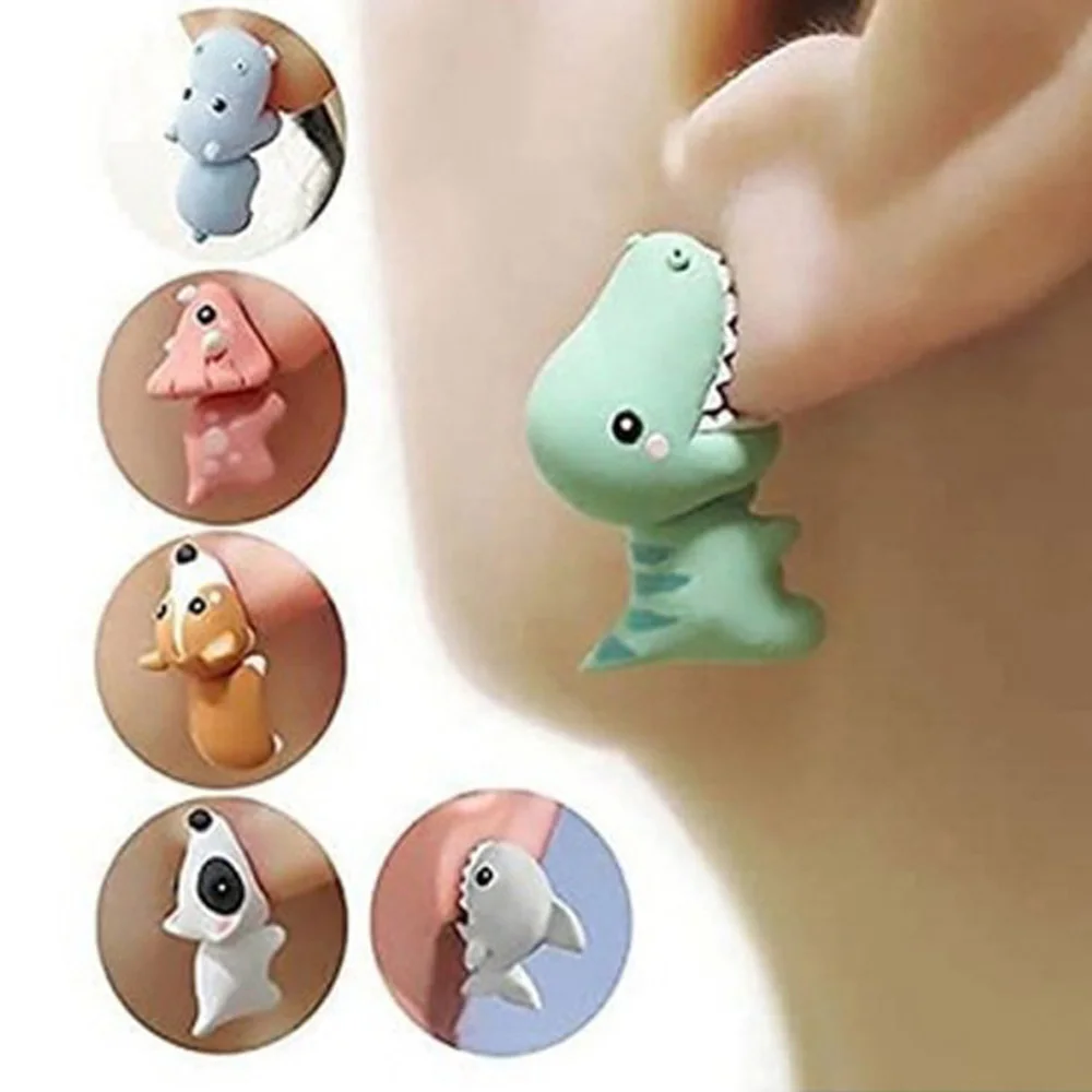 

2pcs Animal Cartoon Stud Earring For Women Cute Dinosaur Little Dog Whale Clay Bite Ear Jewelry Funny Gifts Fashion Accessories