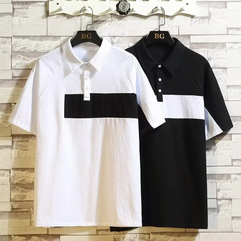 

New Japanese Vintage Color Patchwork Loose Short Sleeve T-shirt Trend Stand-up Collar POLO Shirt Men