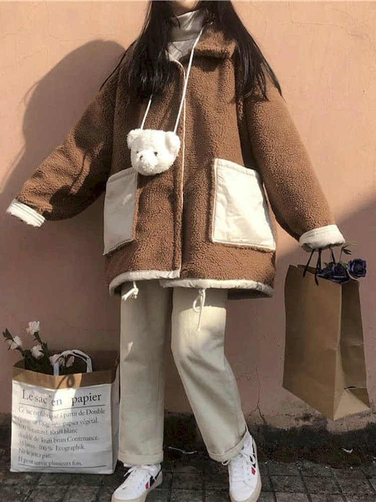 

Oversized Cotton Jacket Women Winter Double-Faced Woolen Coat Lady Sweet Preppy Style Plush Overcoat Female Warm Fluffy Jackets