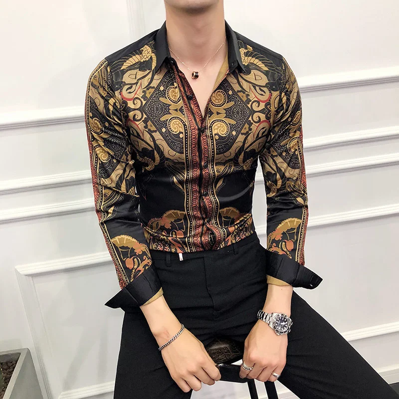 

Band Autumn Mens Gold Shirts Social Club Shirt Luxury Baroque Shirts Camisa Slim Fit Black Gold Mens Designer Shirts 6xl