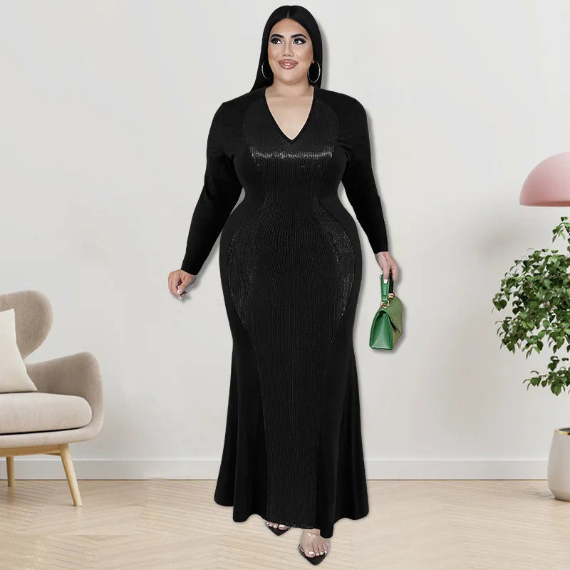 Plus Size Evening Dress Dress 5xl V Neck Long Sleeve Sequin Tight Fishtail Skirt 2022 Fall Winter Women's Party Sexy Long Dress