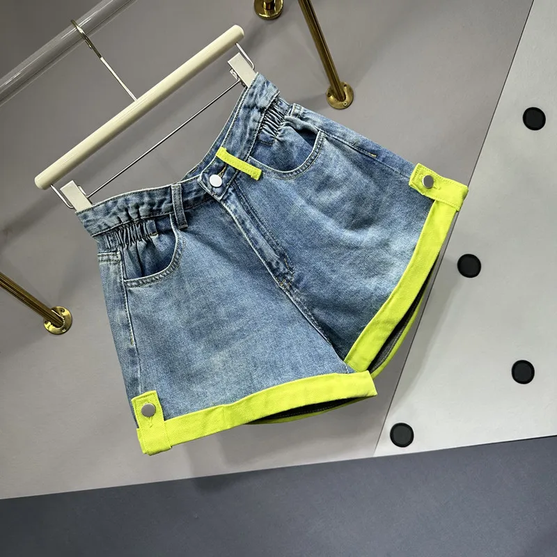 High Street Color Matching Curling A- Line Denim Shorts Women 2023 New Summer Short Pants Waist Slimming Blue Jeans Shorts Femme