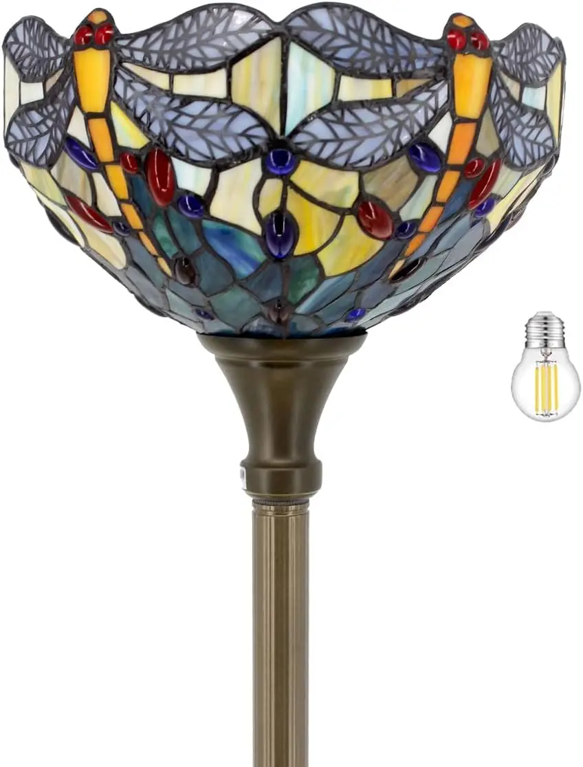 

Floor Lamp Sea Blue Yellow Stained Glass Dragonfly Light 12X12X66 Inches Pole Torchiere Standing Corner Torch Uplight Decor Bedr