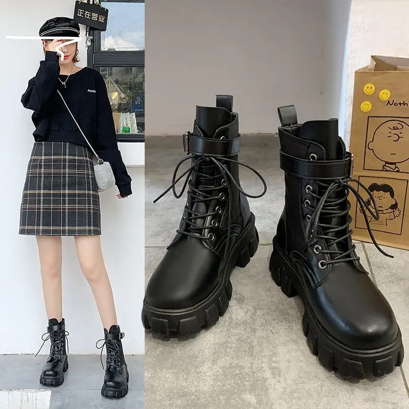 2021 New Black Platform Combat Ankle Boots for Women Lace Up Buckle Strap Woman Shoes Winter Biker Boots Boots for Women