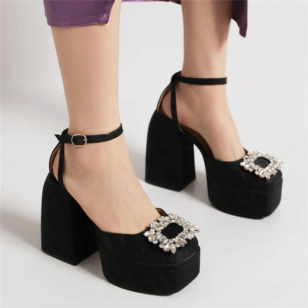 Super High Thick Heel Rhinestone Decal Hollow Square Toe Buckle Strap Fashion Platform Sandals Women Shoes Sexy Wedding Pumps
