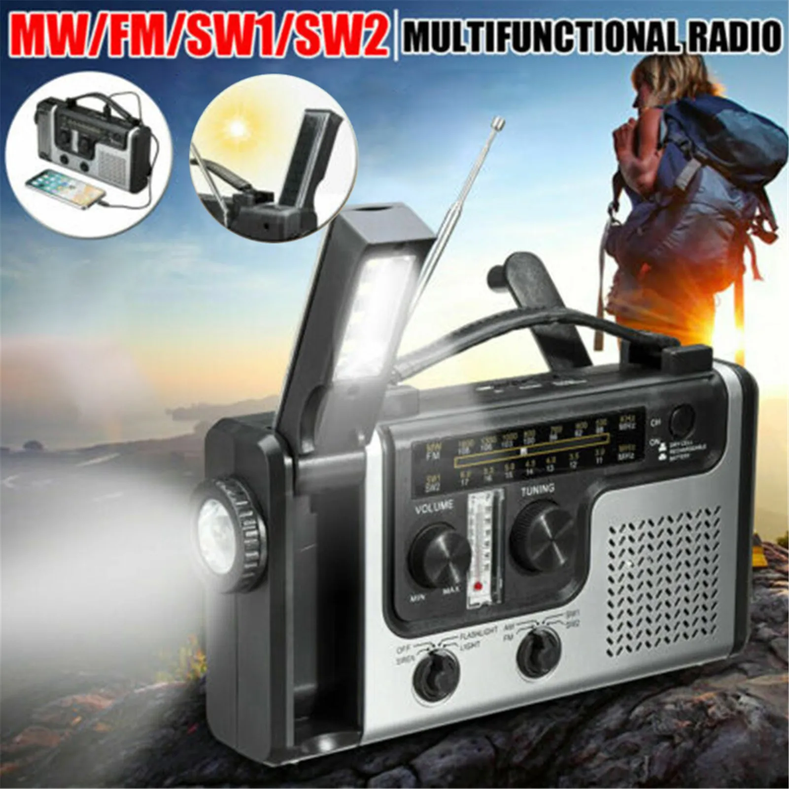 

Hand Crank Solar Emergency Radio AM/FM/SW1/SW2 With Survival Flashlight Thermometer LED Lamp Outdoor 1200mAh Weather Radio